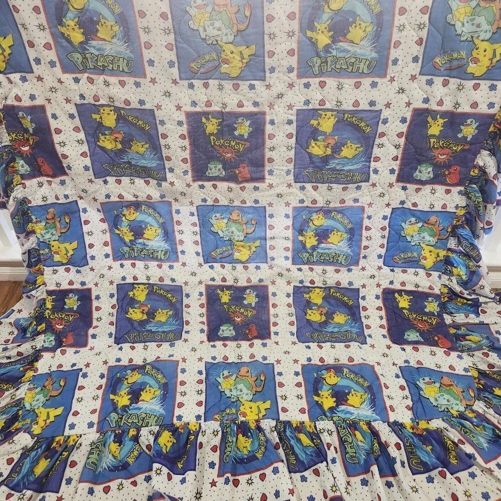 Vintage 90s Pokemon Pikachu Bedspread Comforter Blue White Multi Ruffle Twin
